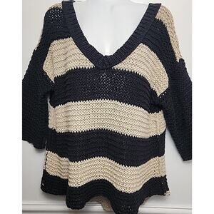 Free People Striped Pullover Sweater Women M Oversized Knit Black Tan 3/4 Sleeve